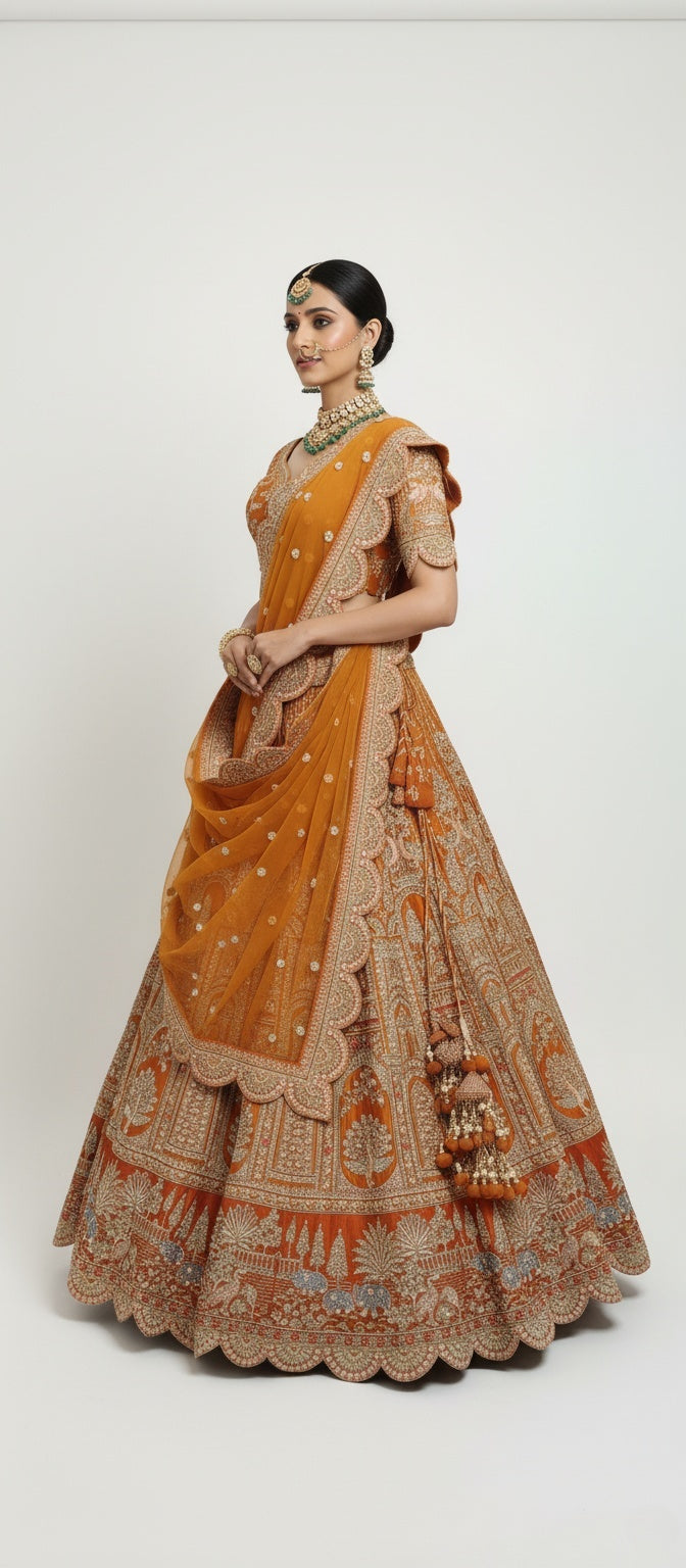 Amber Gold Zardozi Embroidered Bridal Lehenga with Mustard Dupatta