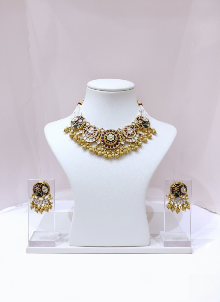 Heritage Kundan Enamel Necklace Set with Pearl Strands & Meenakari Motifs