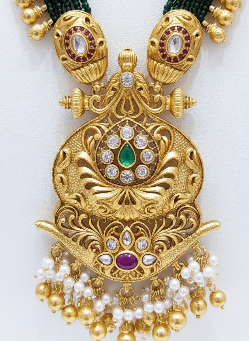 Antique Gold Temple Necklace Set with Lakshmi Pendant, Pearls & Kemp Stones