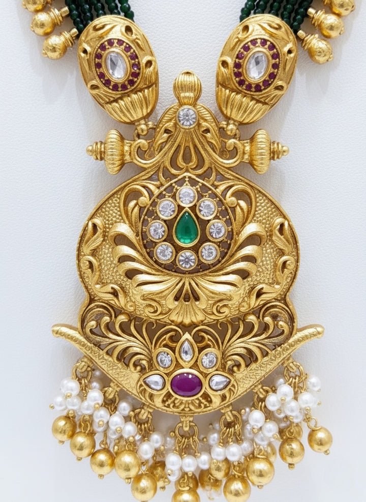 Antique Gold Temple Necklace Set with Lakshmi Pendant, Pearls & Kemp Stones