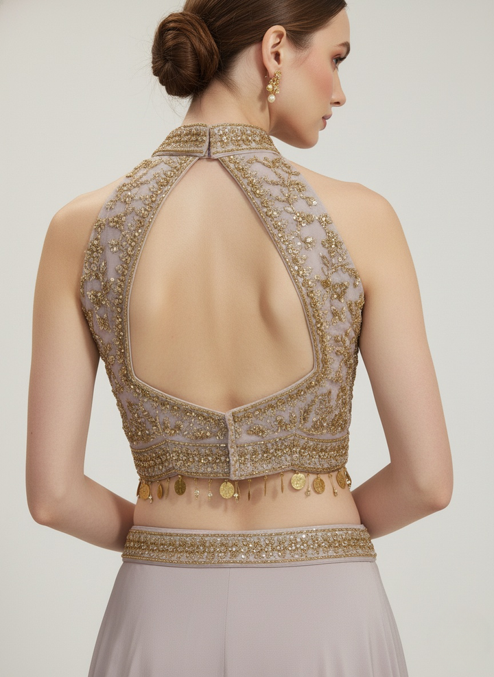 Blush Pink Crop Top Lehenga with Gold Embroidered Halter Blouse