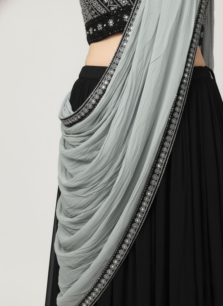 Ready to Wear Black Saree with Embellished Blouse & Contrast Grey Dupatta-Style Pallu