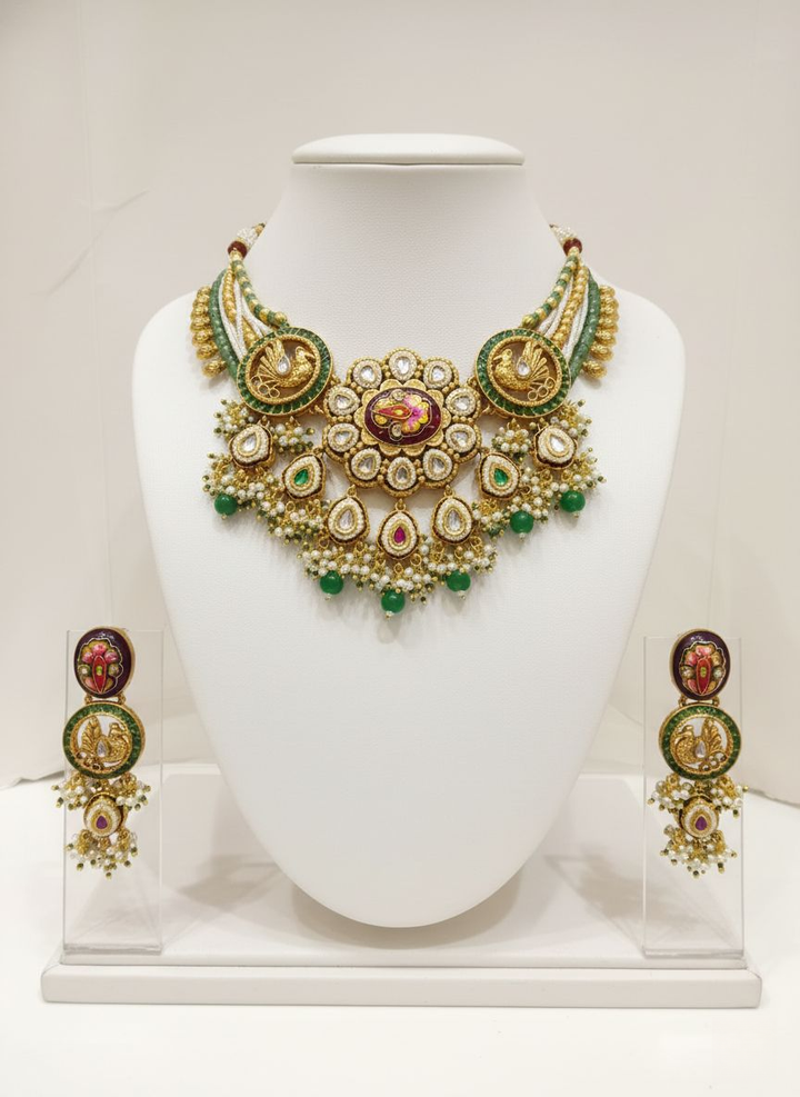 Royal Peacock Kundan & Meenakari Necklace Set with Emerald Accents