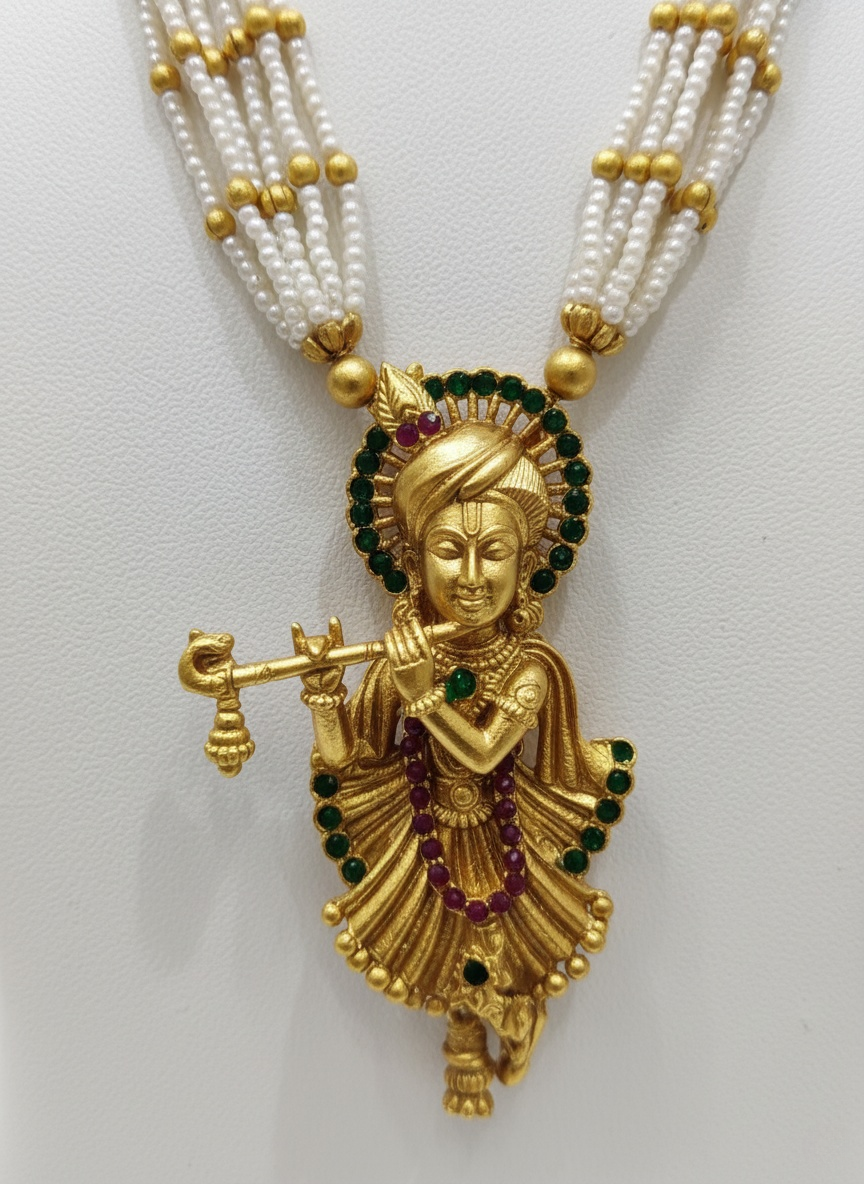 Flute-Playing Krishna Antique Gold and Pearl Set