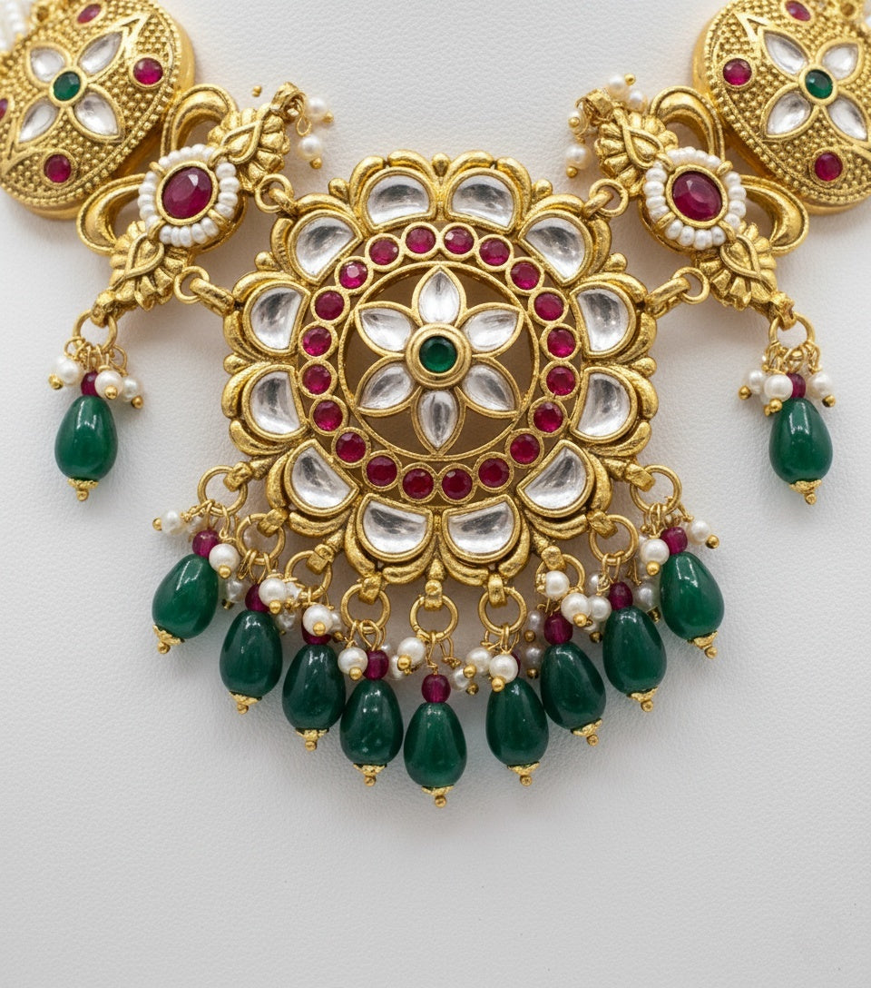 Regal Kundan & Pearl Bridal Necklace Set with Green Bead Drops – Necklace & Earrings