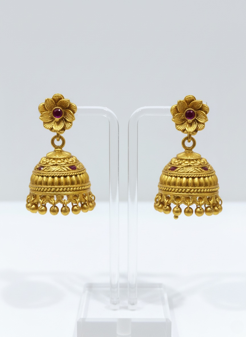 Royal Five-Layer Gold Bead Mala with Antique Jhumka Earrings