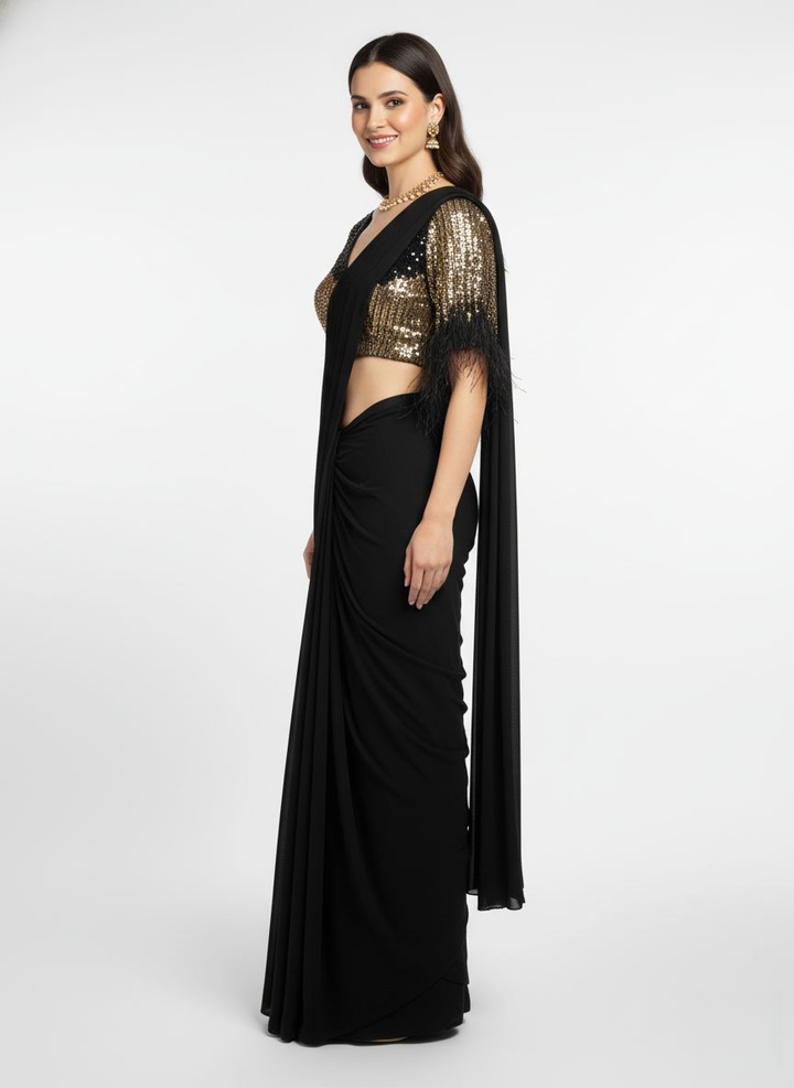 Premium Ready to Wear Black Pre-Stitched Saree with Gold Sequin Feather Sleeve Blouse