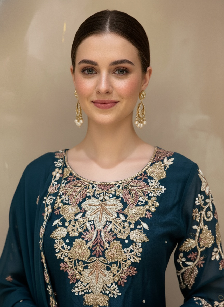 Deep Teal Embroidered Kurta Palazzo Set with Sheer Dupatta