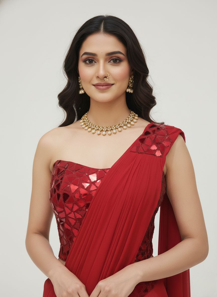 Elegant Red Ready-to-Wear Saree with Mirror-Work One-Shoulder Blouse – Party & Cocktail Wear