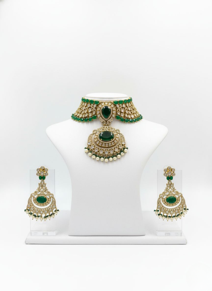 Emerald Green Kundan Heavy Bridal Choker Necklace Set with Statement Earrings