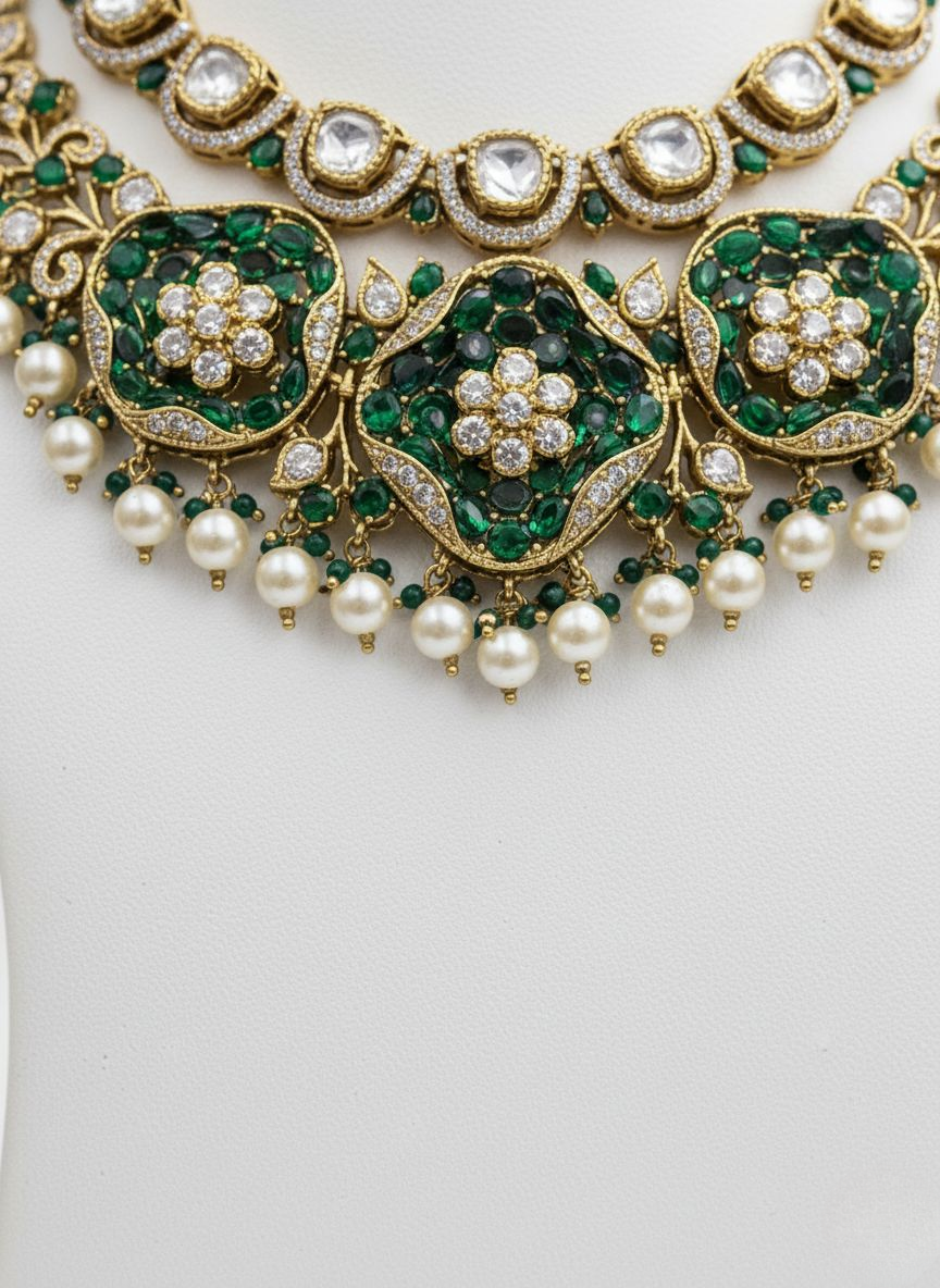 Emerald Green & Pearl Kundan Bridal Necklace Set with Heavy Statement Earrings