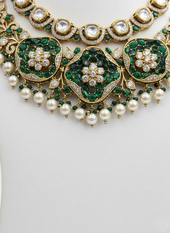 Emerald Green & Pearl Kundan Bridal Necklace Set with Heavy Statement Earrings