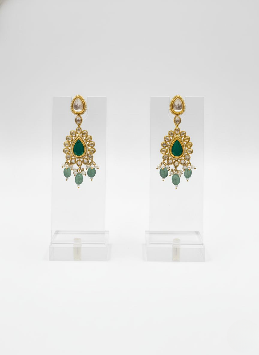 Emerald Green & Gold Kundan Bridal Necklace Set with Pearl Drops