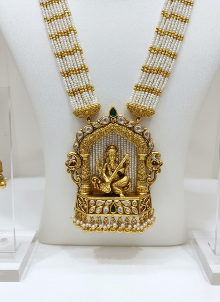 Exquisite Gold & Kundan Necklace Set with Goddess Saraswati Pendant and Coordinating Earrings