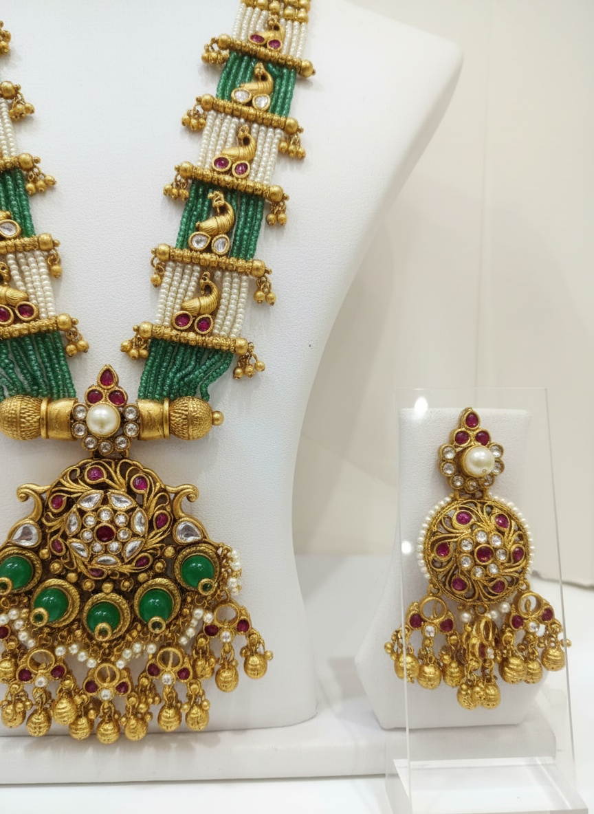 Regal Gold & Green Kundan Pendant Necklace Set with Matching Earrings