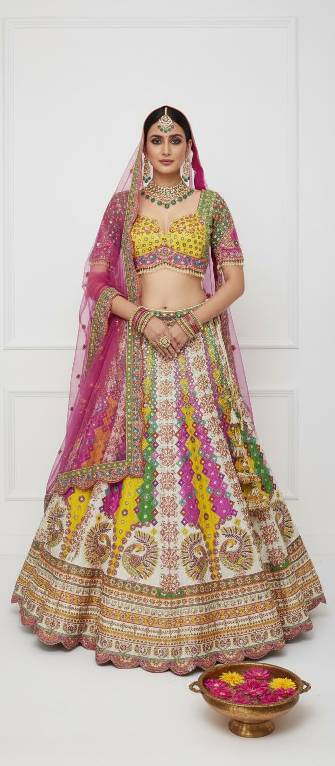 Radiant Multicolor Handcrafted Bridal Lehenga with Peacock Motifs & Mirror Work