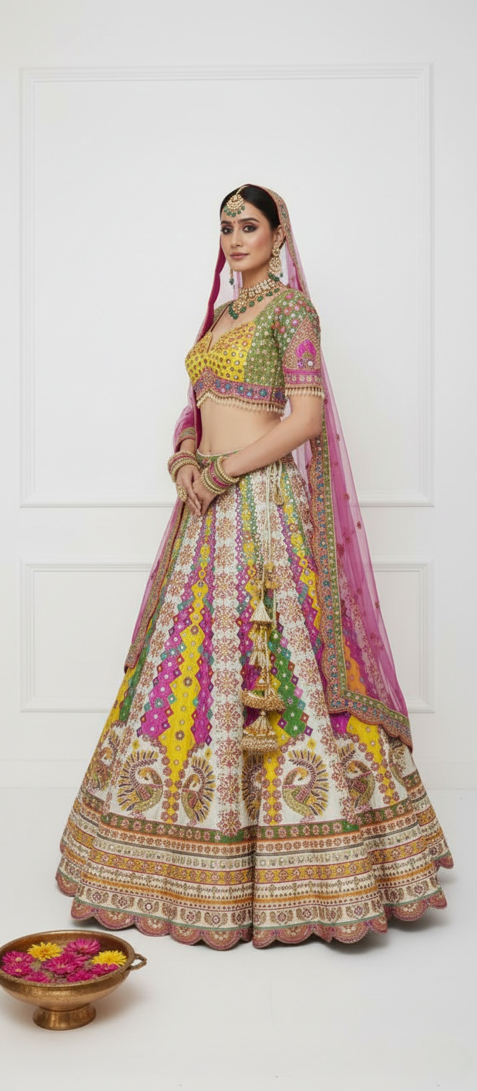 Radiant Multicolor Handcrafted Bridal Lehenga with Peacock Motifs & Mirror Work