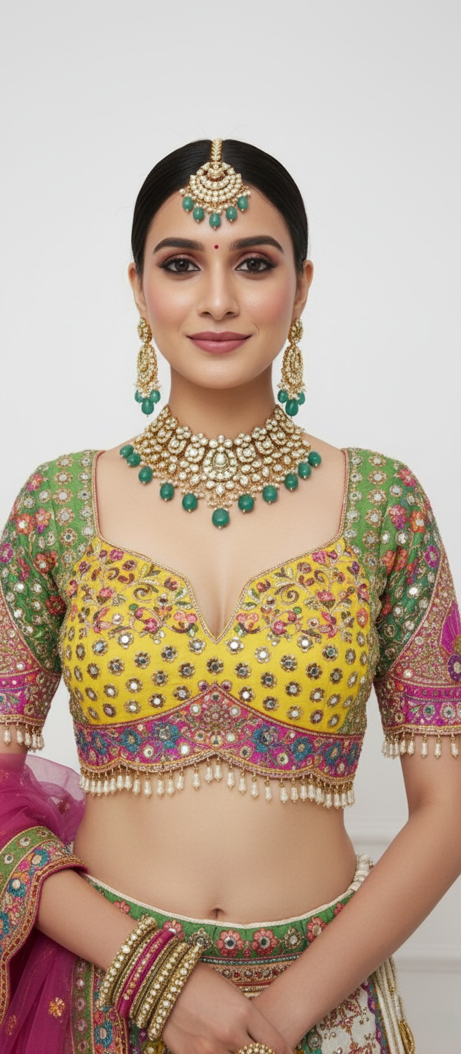Radiant Multicolor Handcrafted Bridal Lehenga with Peacock Motifs & Mirror Work