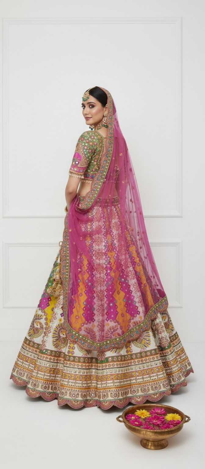 Radiant Multicolor Handcrafted Bridal Lehenga with Peacock Motifs & Mirror Work