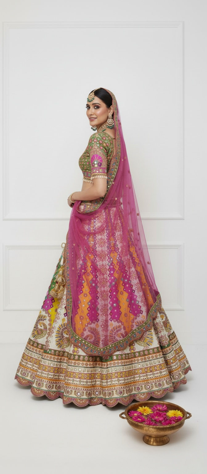 Radiant Multicolor Handcrafted Bridal Lehenga with Peacock Motifs & Mirror Work