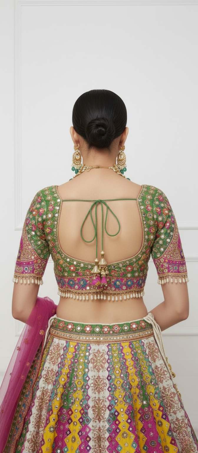 Radiant Multicolor Handcrafted Bridal Lehenga with Peacock Motifs & Mirror Work