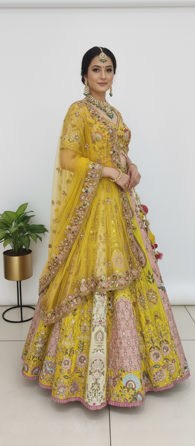 Sunlit Yellow & Blush Pink Hand-Embroidered Silk Lehenga with Mirror and Resham Work