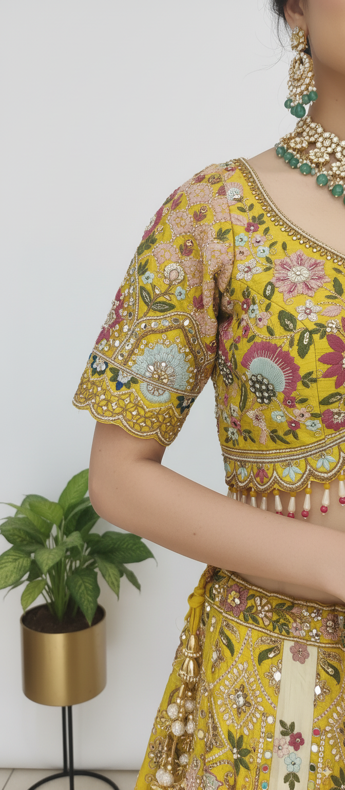 Sunlit Yellow & Blush Pink Hand-Embroidered Silk Lehenga with Mirror and Resham Work
