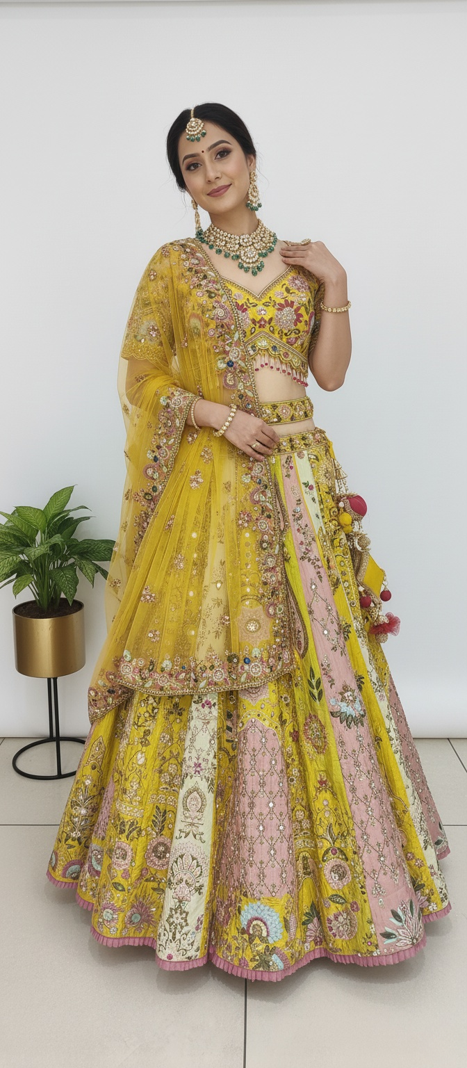 Sunlit Yellow & Blush Pink Hand-Embroidered Silk Lehenga with Mirror and Resham Work