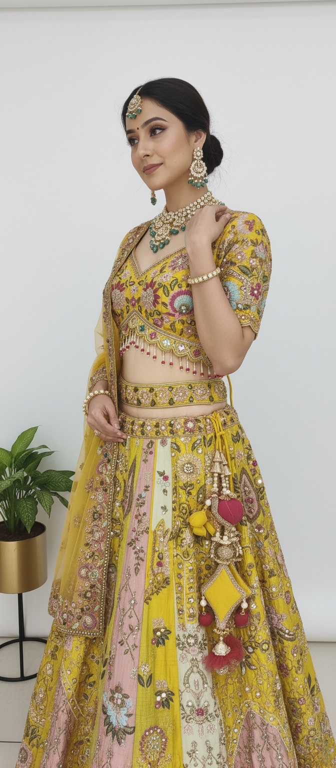 Sunlit Yellow & Blush Pink Hand-Embroidered Silk Lehenga with Mirror and Resham Work