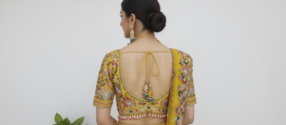 Sunlit Yellow & Blush Pink Hand-Embroidered Silk Lehenga with Mirror and Resham Work