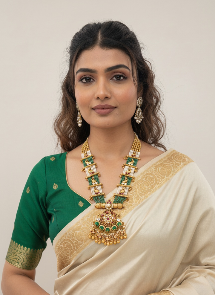 Regal Gold & Green Kundan Pendant Necklace Set with Matching Earrings