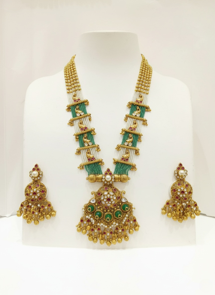 Regal Gold & Green Kundan Pendant Necklace Set with Matching Earrings