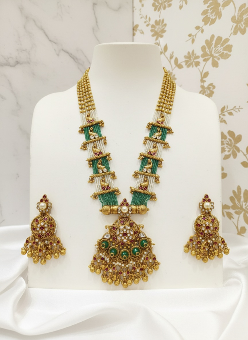 Regal Gold & Green Kundan Pendant Necklace Set with Matching Earrings