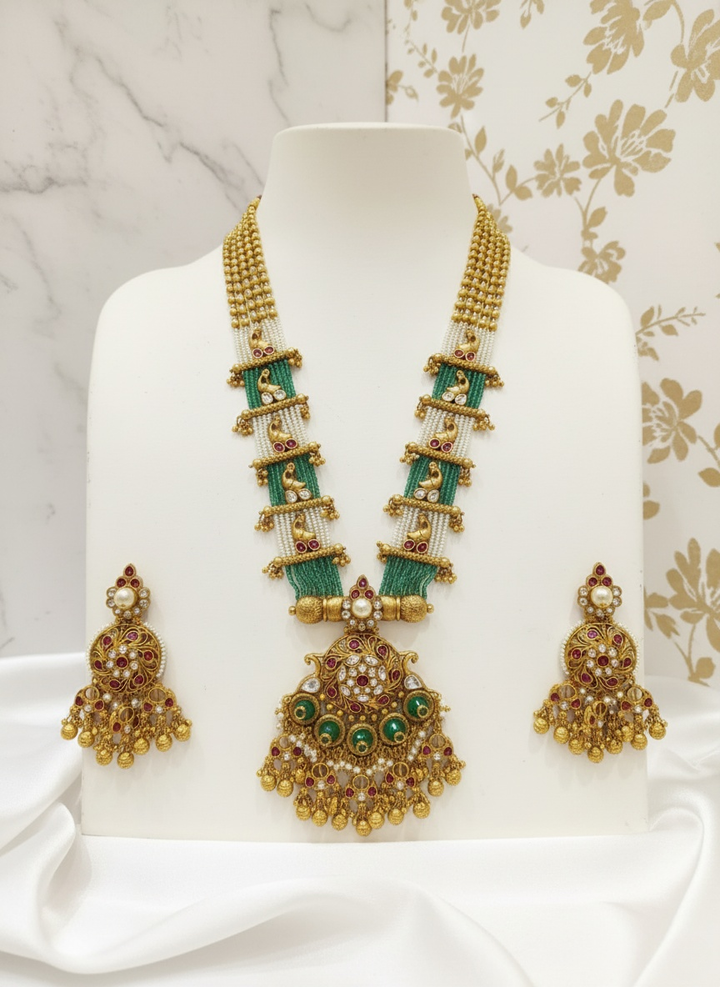 Regal Gold & Green Kundan Pendant Necklace Set with Matching Earrings
