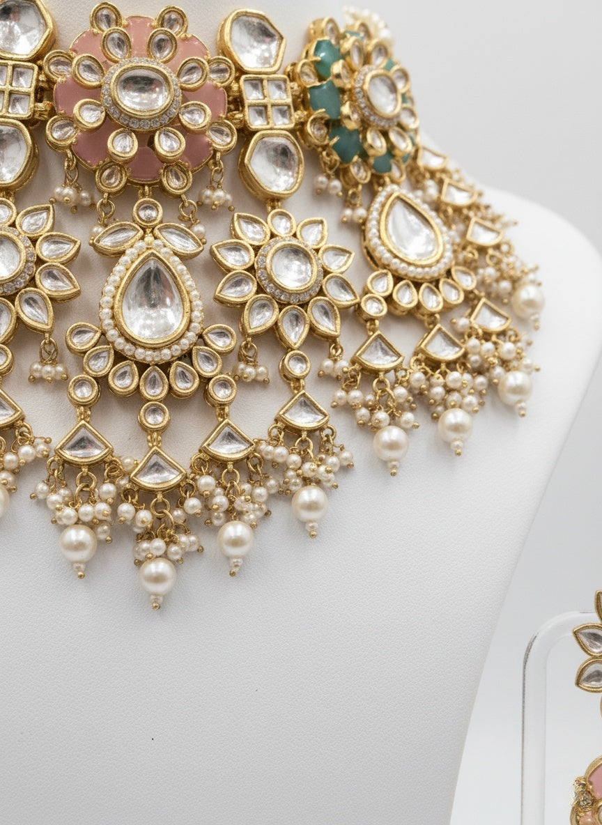 Pastel Pink & Green Heavy Kundan Bridal Choker Necklace Set with Pearl Drops