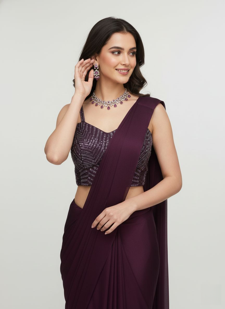 Plum Purple Pre-Draped Saree with Sequin Embroidered Blouse