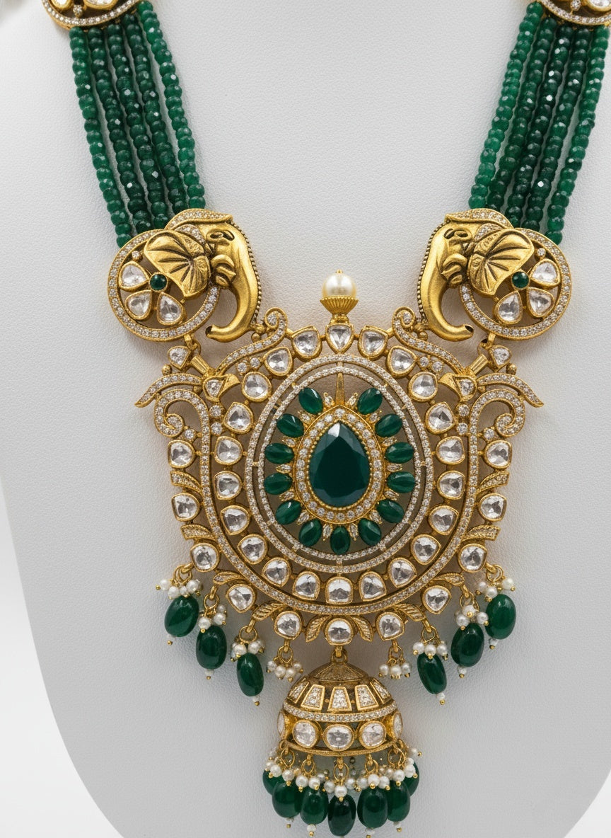 Emerald Green Beaded Temple Necklace Set with Elephant Motif & Kundan Pendant