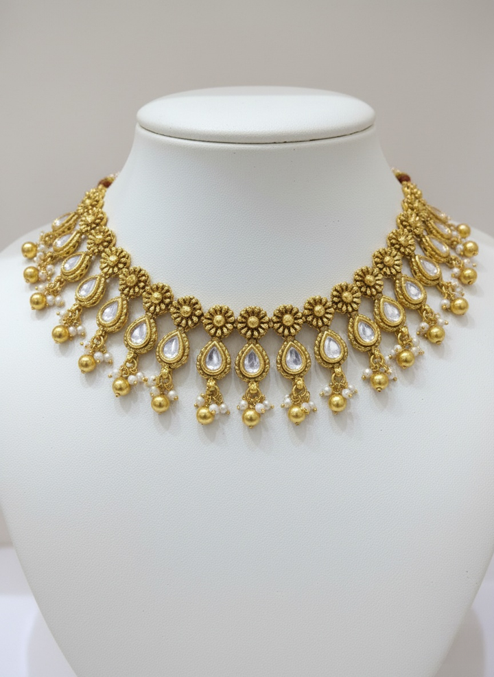 Elegant Antique Gold Necklace Set with Kundan & Pearl Drops
