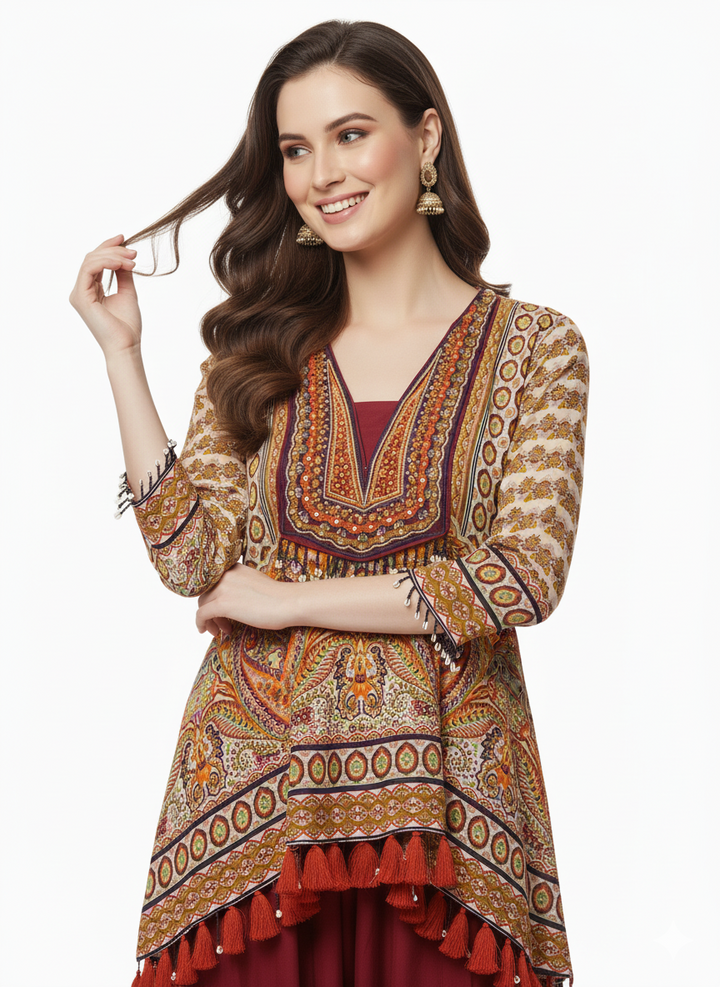 Mustard Printed Indo-Western Asymmetrical Kurta with Maroon Dhoti Pants & Tassel Detailing