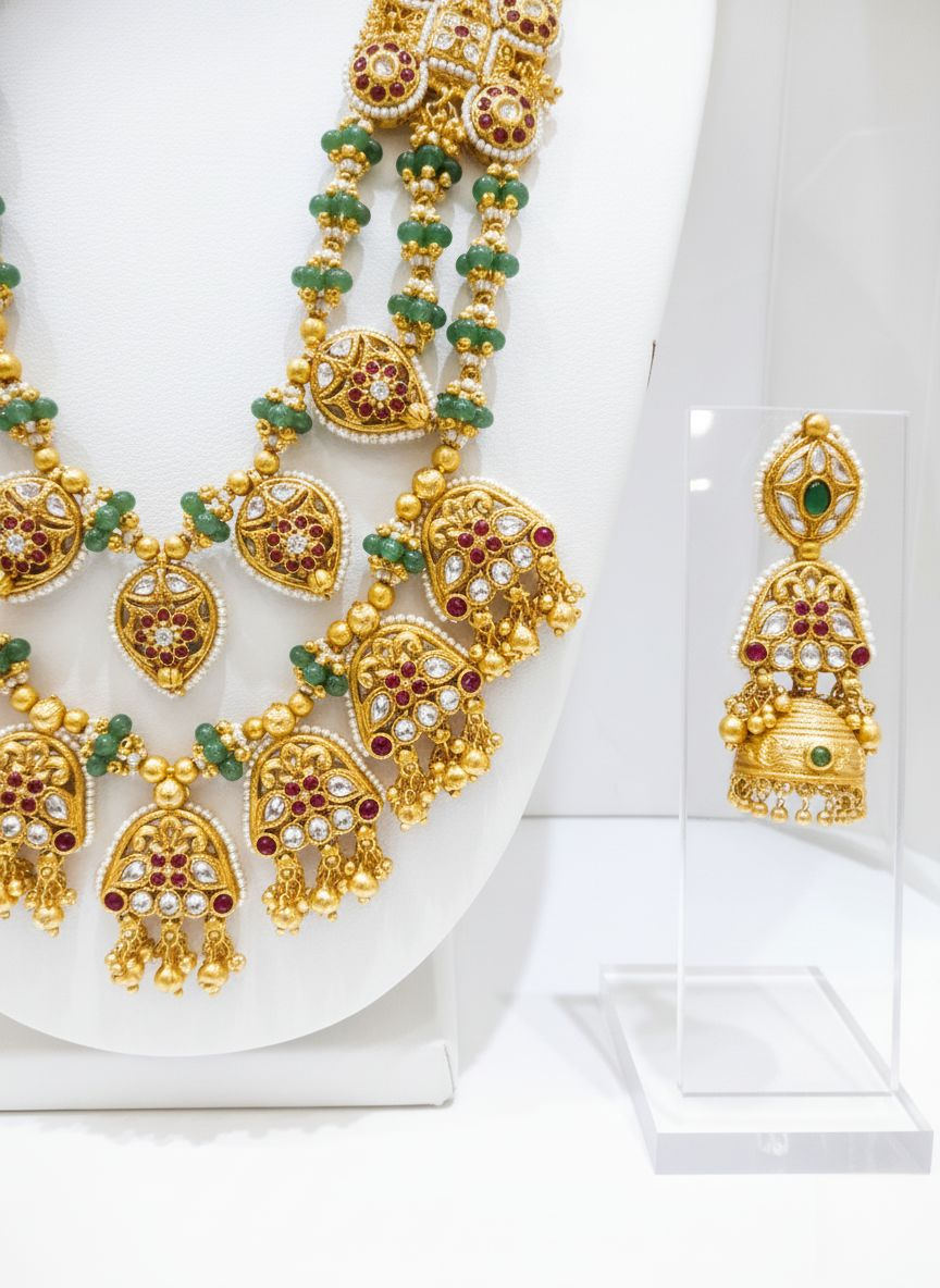 Majestic Heritage Temple Long Haram Set with Ruby & Emerald Beads