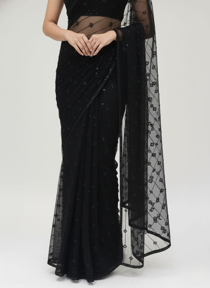 Elegant Black Sequin Embroidered Net Saree – Midnight Radiance Edition