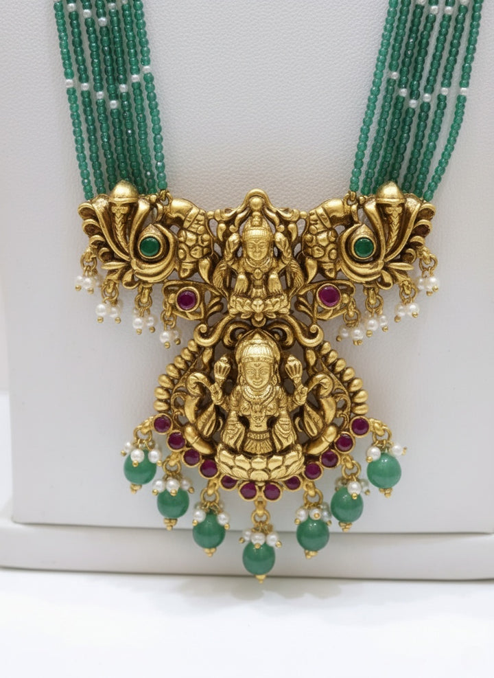 Antique Temple Jewelry Set with Green Beads and Lakshmi Pendant
