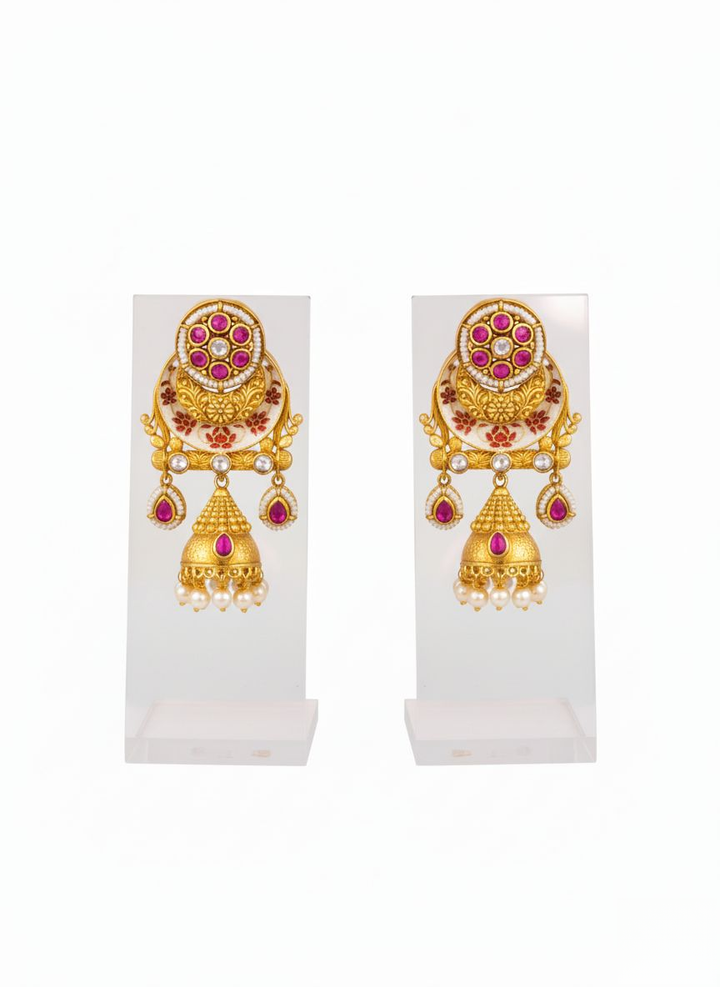 Regal Ruby Temple Necklace Set with Pearl Drops & Antique Gold Detailing