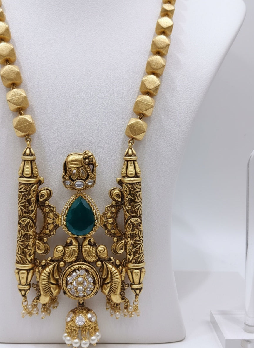 Gold Temple Haram with Green Stone Pendant & Earrings