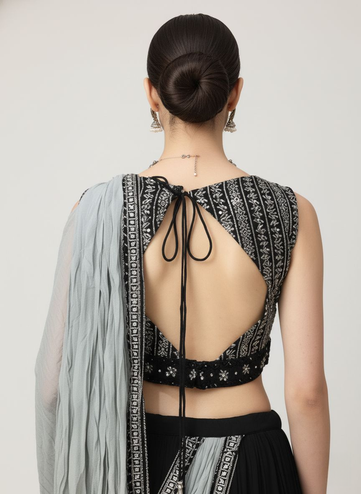 Ready to Wear Black Saree with Embellished Blouse & Contrast Grey Dupatta-Style Pallu