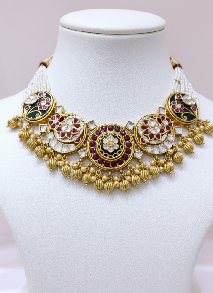 Heritage Kundan Enamel Necklace Set with Pearl Strands & Meenakari Motifs