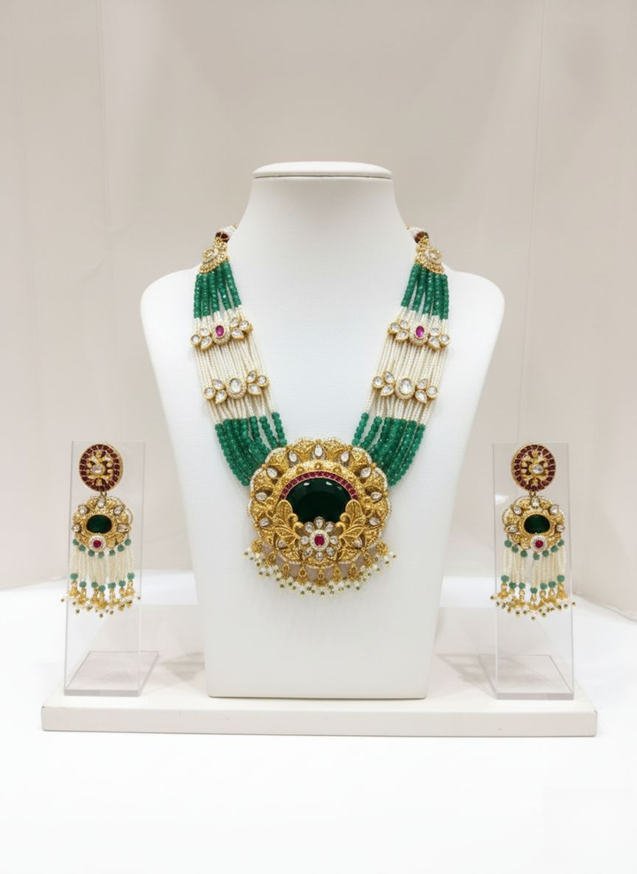 Grand Emerald Kundan Beaded Necklace Set with Temple Pendant