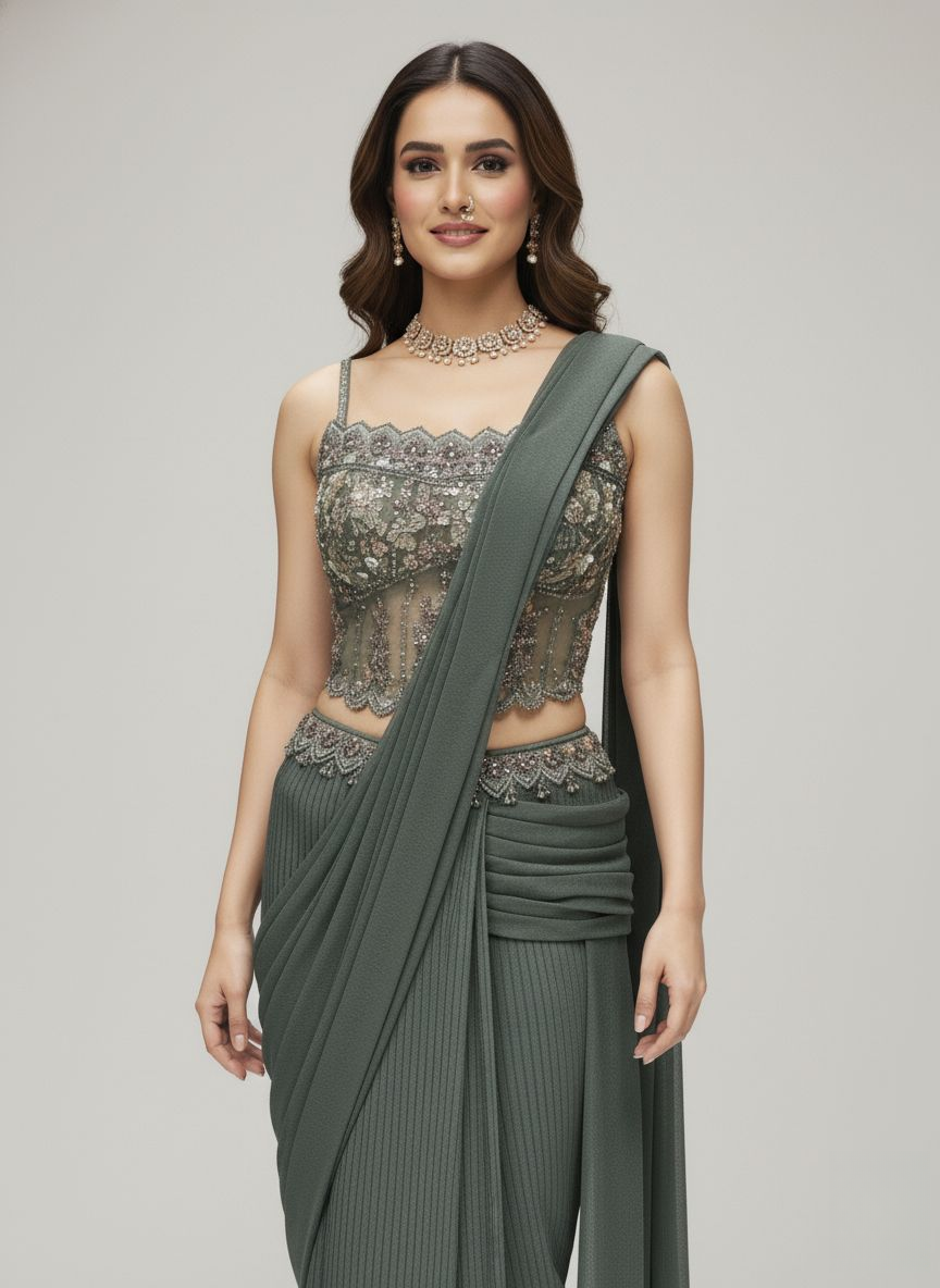 Sage Green Ready-to-Wear Saree with Hand-Embroidered Bustier