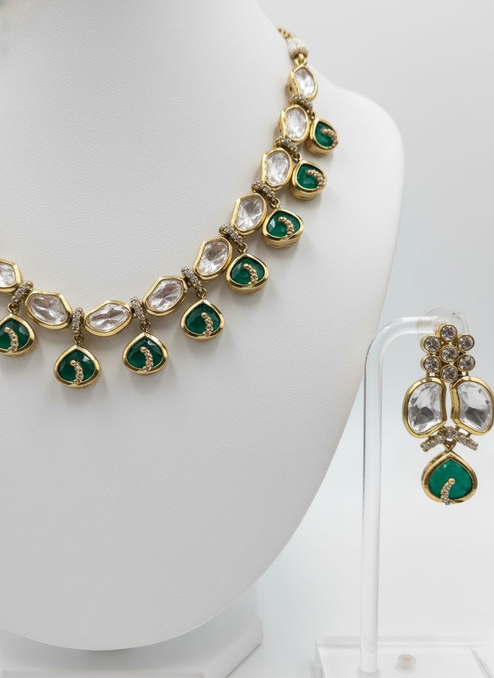 Emerald Green & Kundan Stone Necklace Set with Matching Earrings