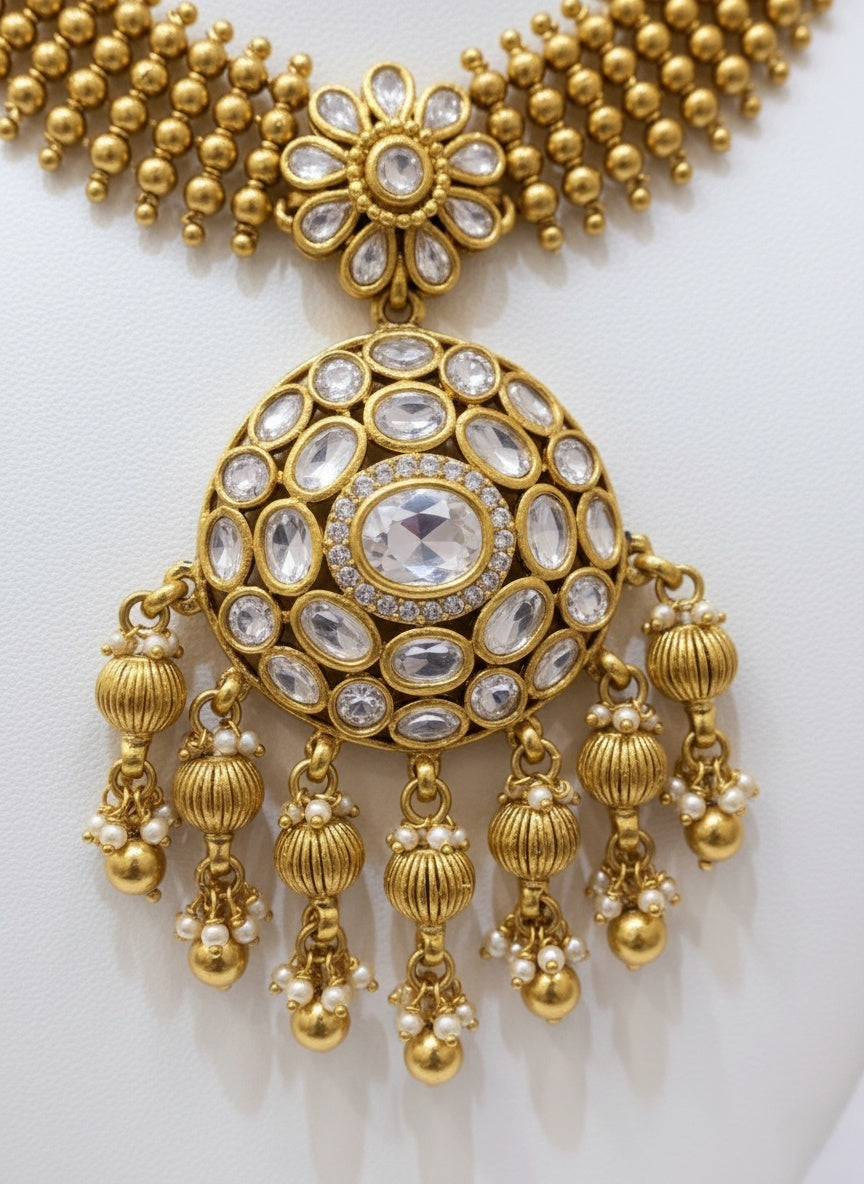 Antique Gold Plated Necklace Set with Kundan Pendant & Jhumka Earrings